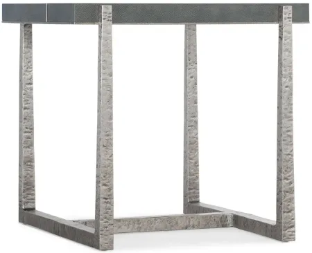 Chapman End Table in Unique hand-hammered forged pewter finished metal with gray faux shagreen top by Hooker Furniture
