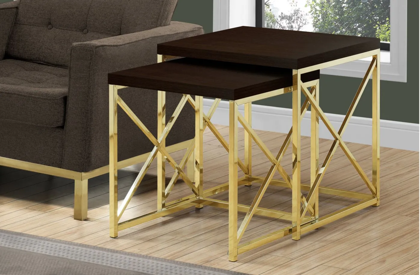 Haan Square Nesting Tables: Set of 2 in Espresso/Gold by Monarch Specialties