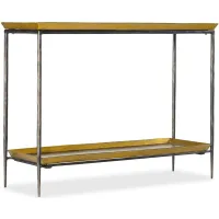 Commerce & Market Tray Top Metal Console in Gray metal base with gold tray top and gold shelf by Hooker Furniture