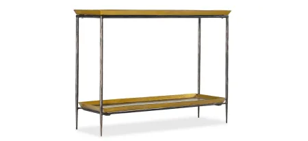 Commerce & Market Tray Top Metal Console in Gray metal base with gold tray top and gold shelf by Hooker Furniture