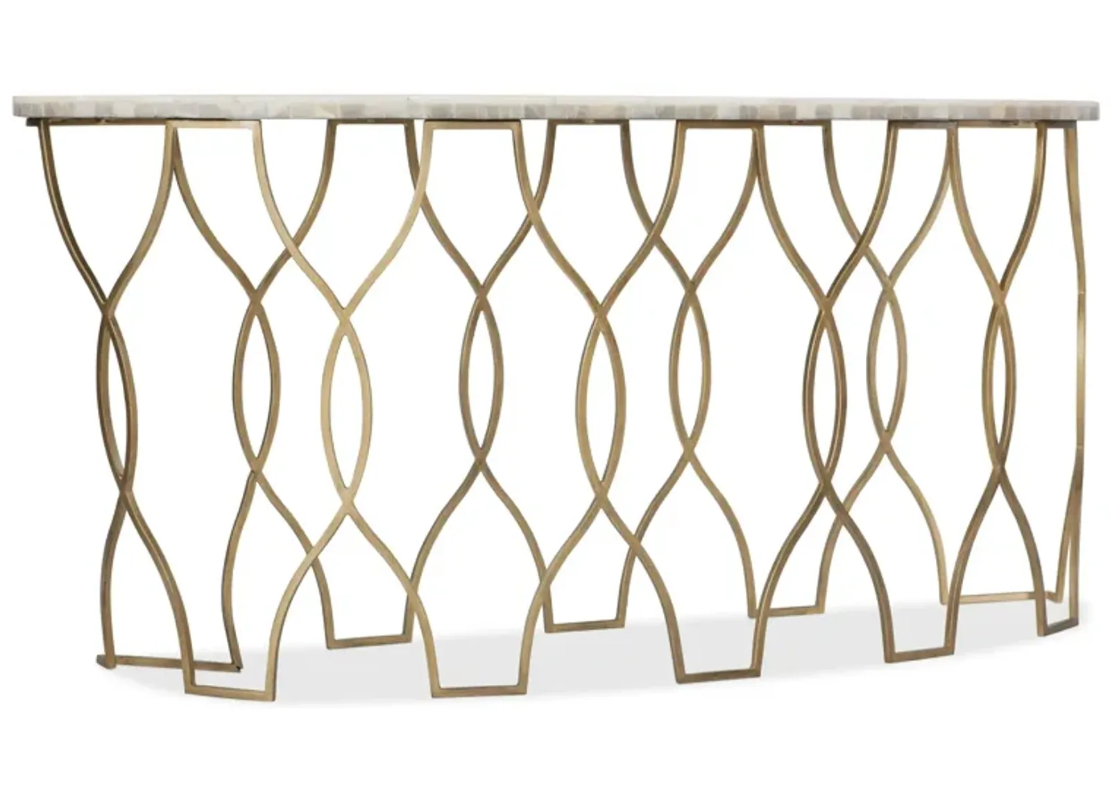 Melange Corrina Sofa Table in Gold leaf metal base with White Onyx top by Hooker Furniture