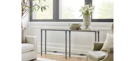 Traditions Console Table in Verdigris, gray metal base, with gray and brown stone veneer top by Hooker Furniture