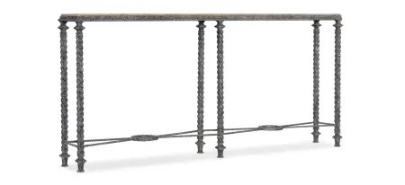 Traditions Console Table in Verdigris, gray metal base, with gray and brown stone veneer top by Hooker Furniture