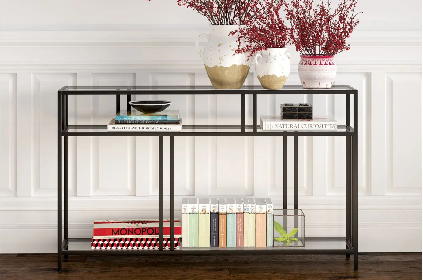 Moorhen Rectangular Sofa Table with Glass Shelves in Blackened Bronze by Hudson & Canal