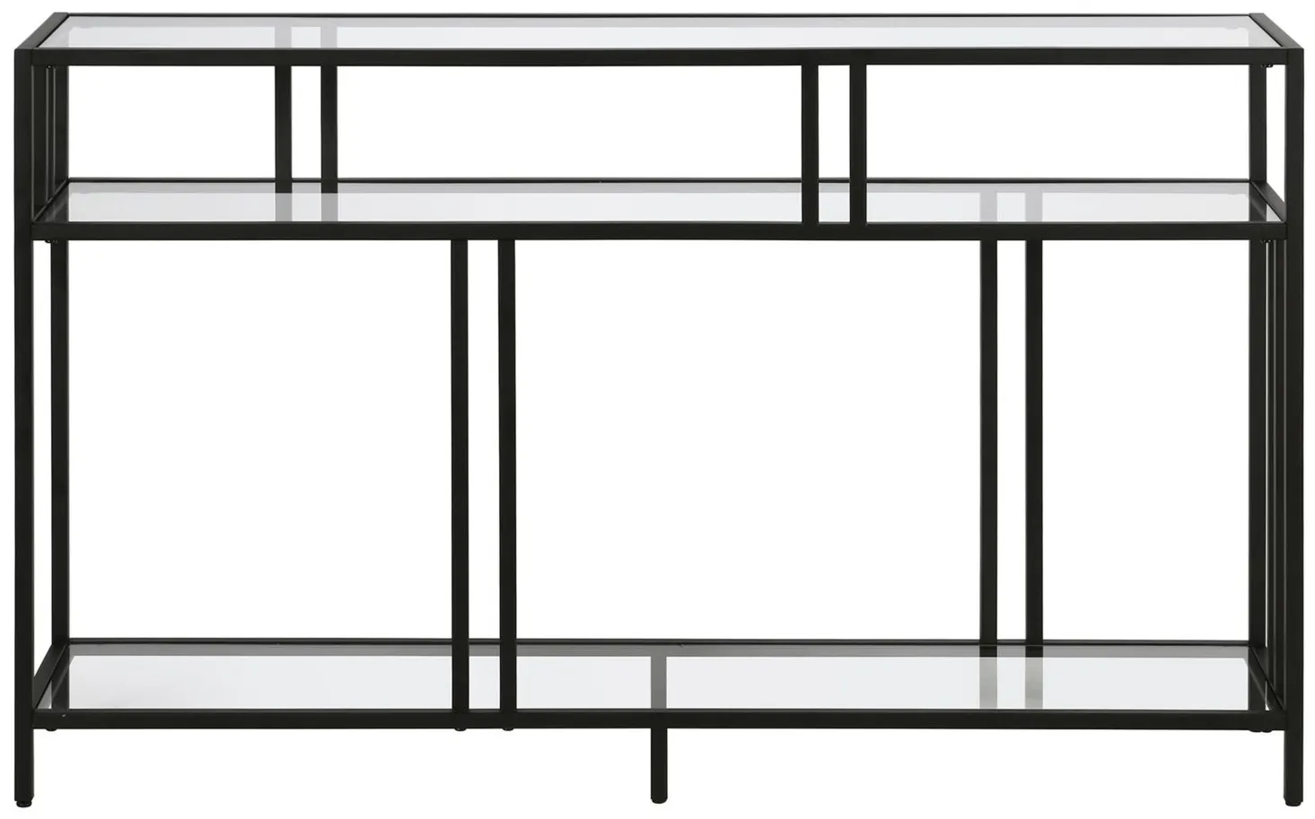 Moorhen Rectangular Sofa Table with Glass Shelves in Blackened Bronze by Hudson & Canal