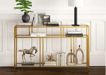 Moorhen Rectangular Sofa Table with Glass Shelves in Brass by Hudson & Canal