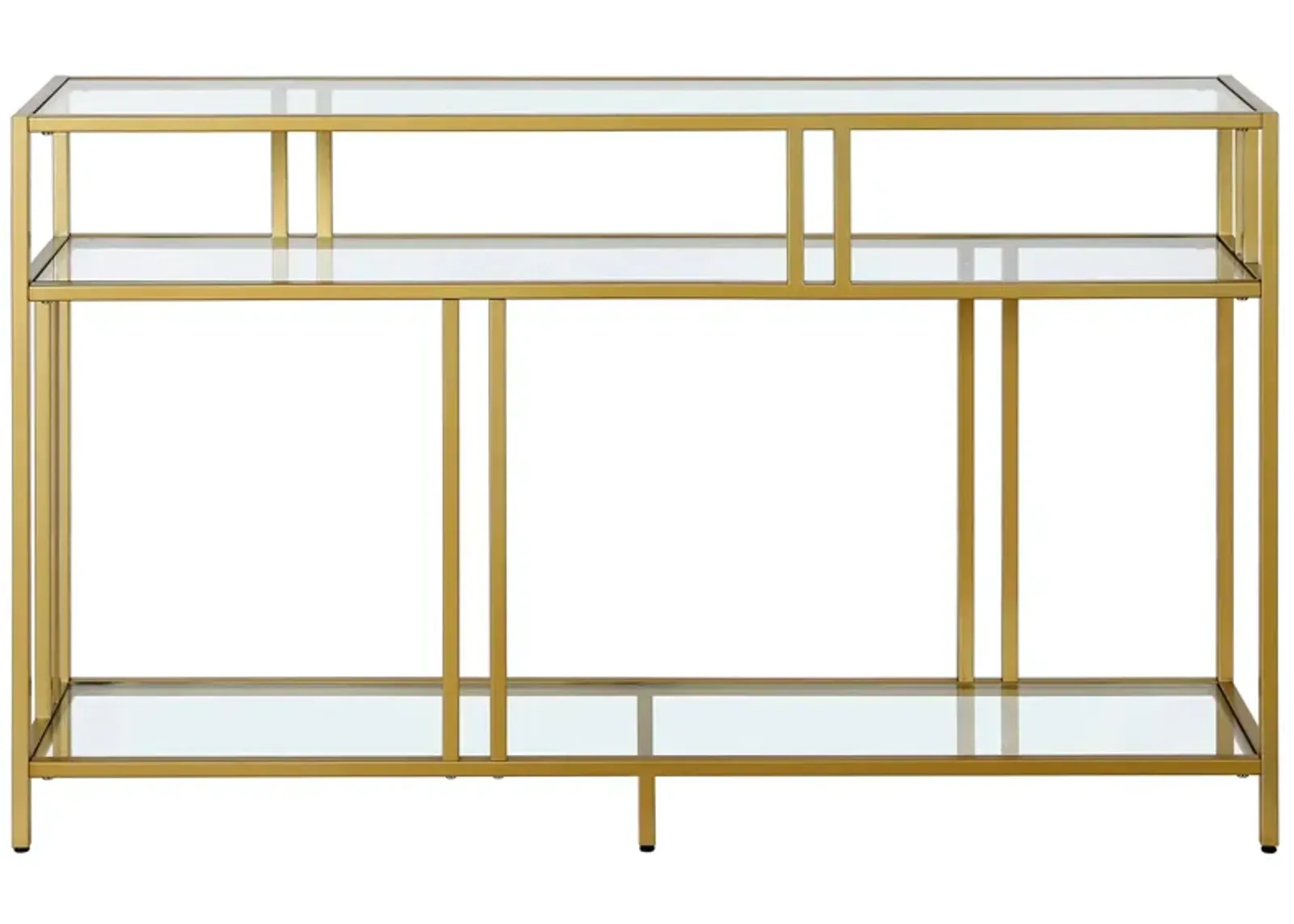 Moorhen Rectangular Sofa Table with Glass Shelves in Brass by Hudson & Canal