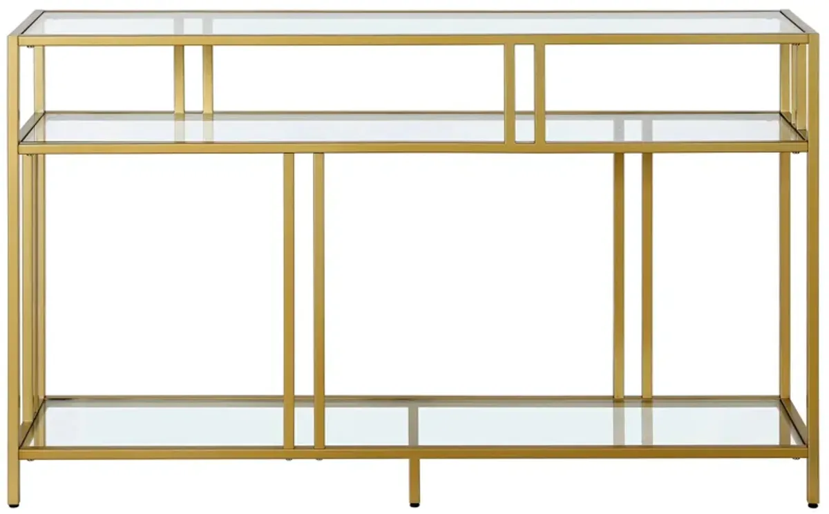 Moorhen Rectangular Sofa Table with Glass Shelves in Brass by Hudson & Canal