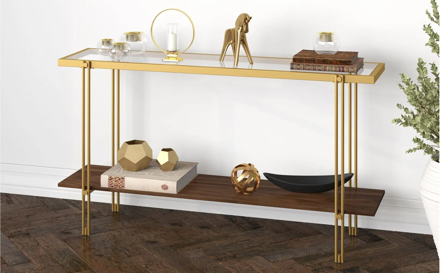 Driscoll Console Table in Brass/Walnut by Hudson & Canal