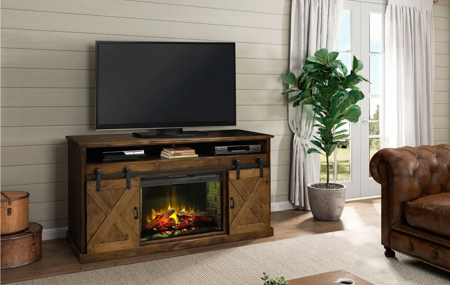 Farmhouse 66" Fireplace TV Console in Aged Whiskey by Legends Furniture