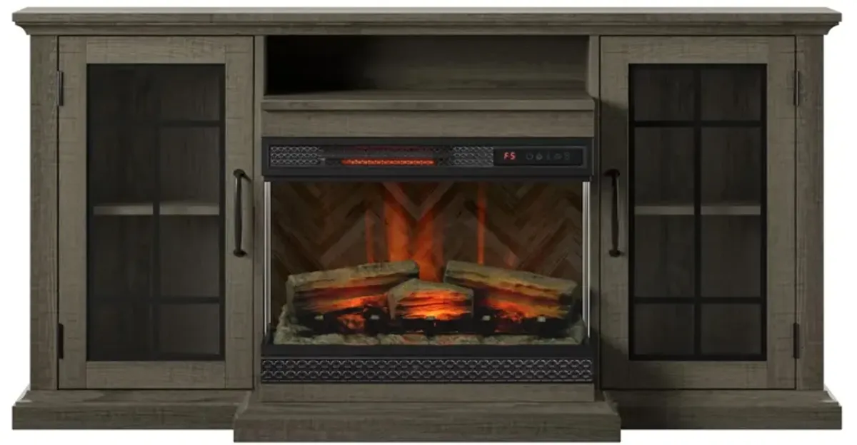 Panor TV Console with Panorama Electric Fireplace in Saw Cut Oak by Twin-Star Intl.