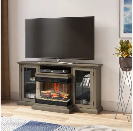 Panor TV Console with Panorama Electric Fireplace in Saw Cut Oak by Twin-Star Intl.