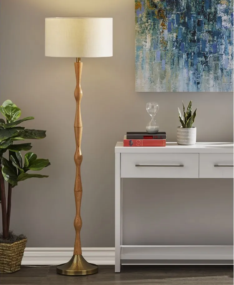 Eve Floor Lamp in Natural Oak Wood, Antique Brass by Adesso Inc