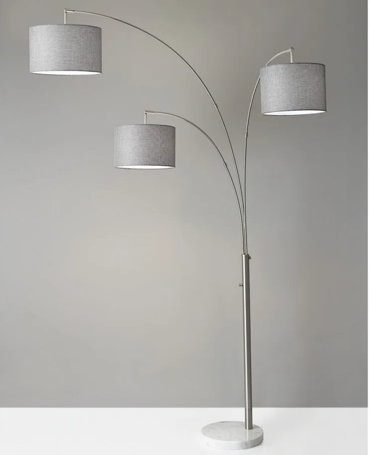 Bowery 3-Arm Arc Lamp in Brushed Steel with Gray Shade by Adesso Inc