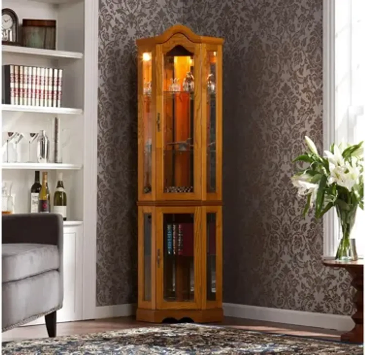 Hattie Lighted Corner Curio Cabinet