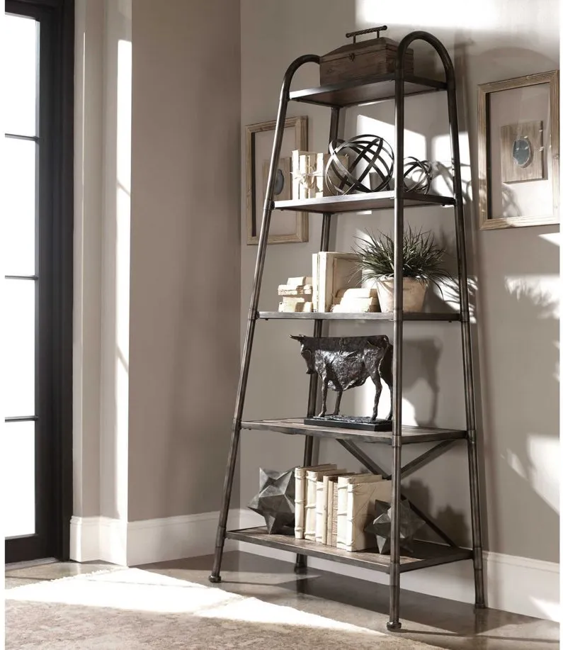 Zosar Etagere in Brushed Steel / Warm Walnut by Uttermost