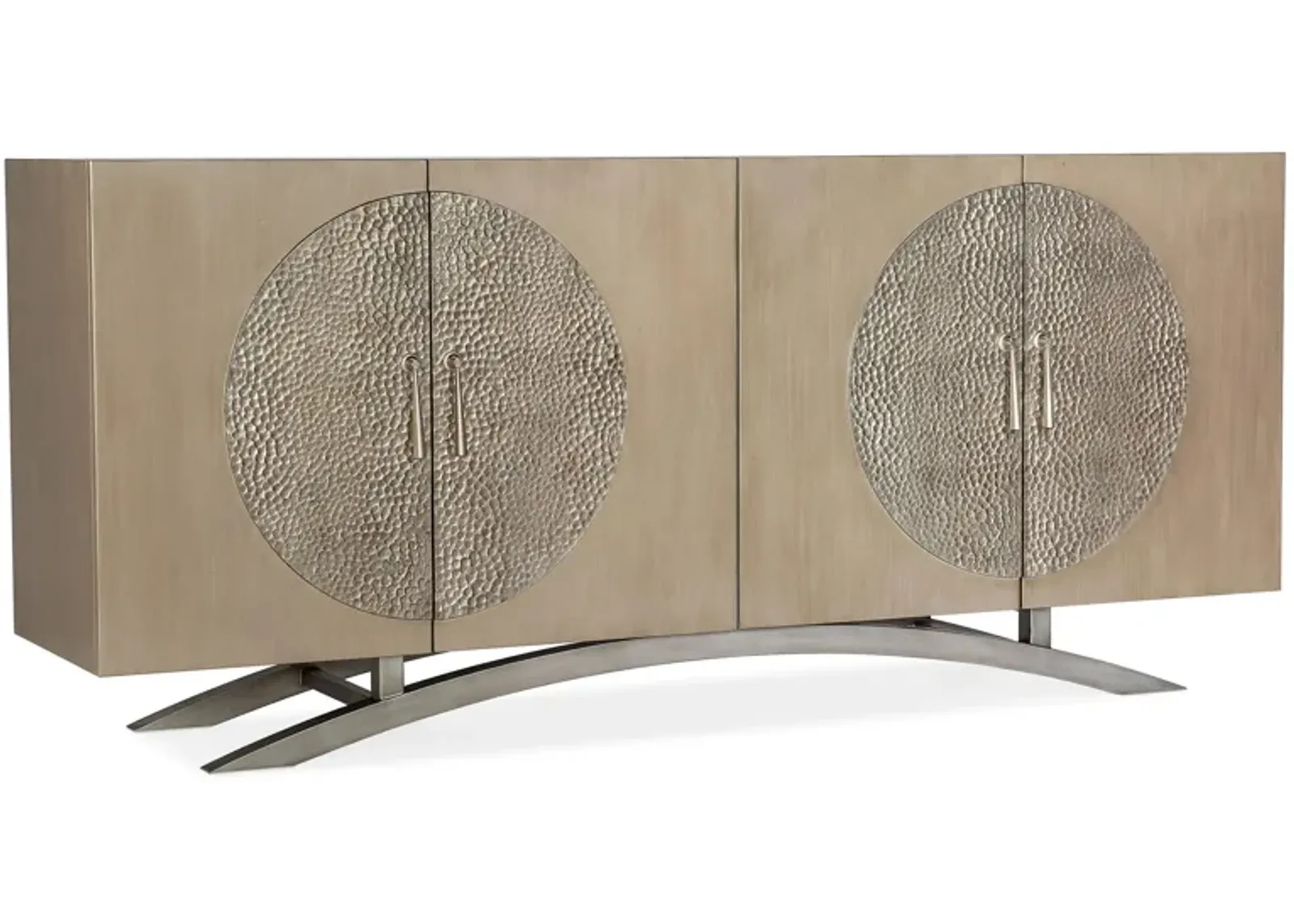 Melange 4-Door Entertainment Console in Champagne finish with pewter metal teardrop pulls and base by Hooker Furniture