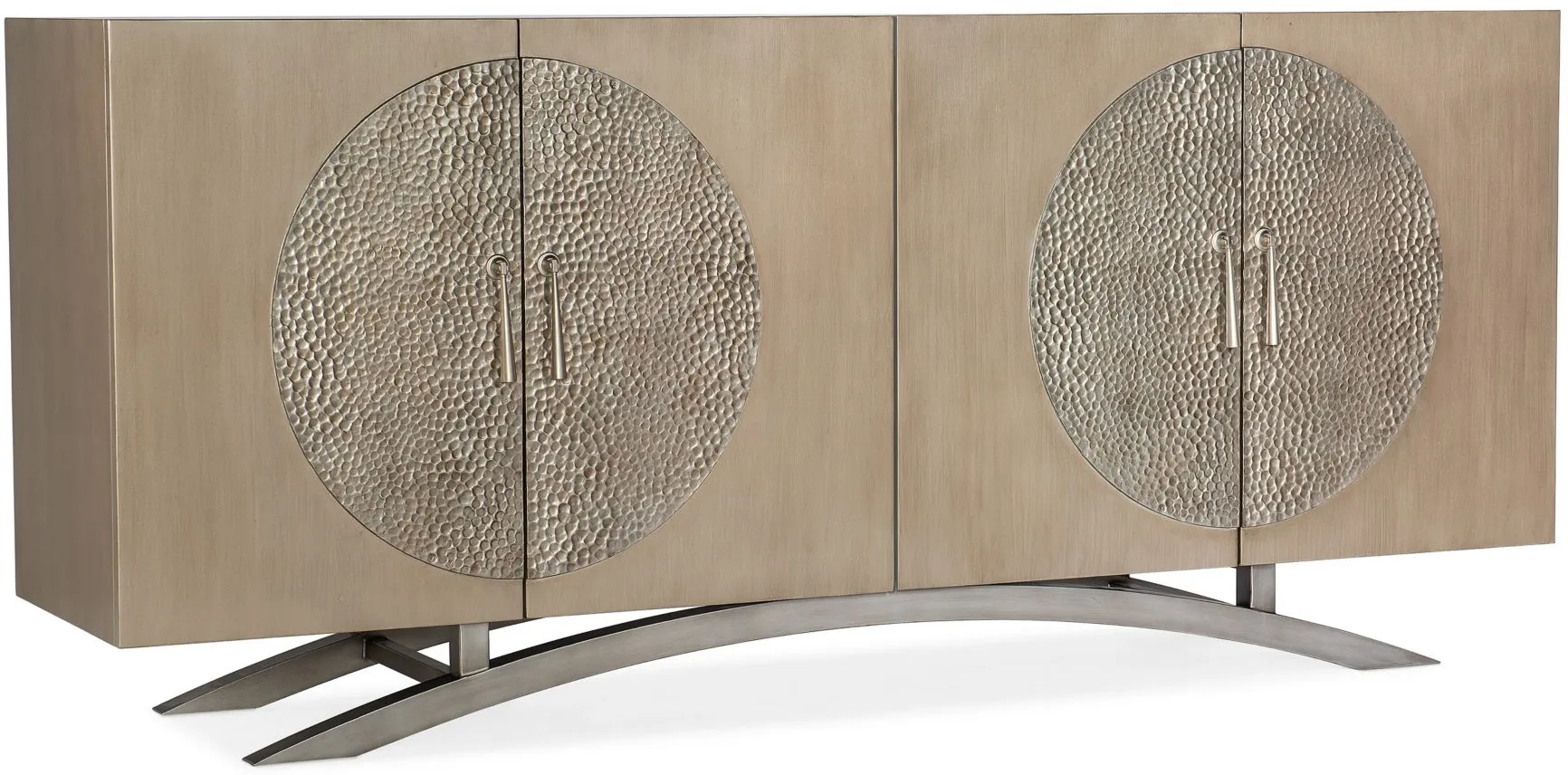 Melange 4-Door Entertainment Console in Champagne finish with pewter metal teardrop pulls and base by Hooker Furniture