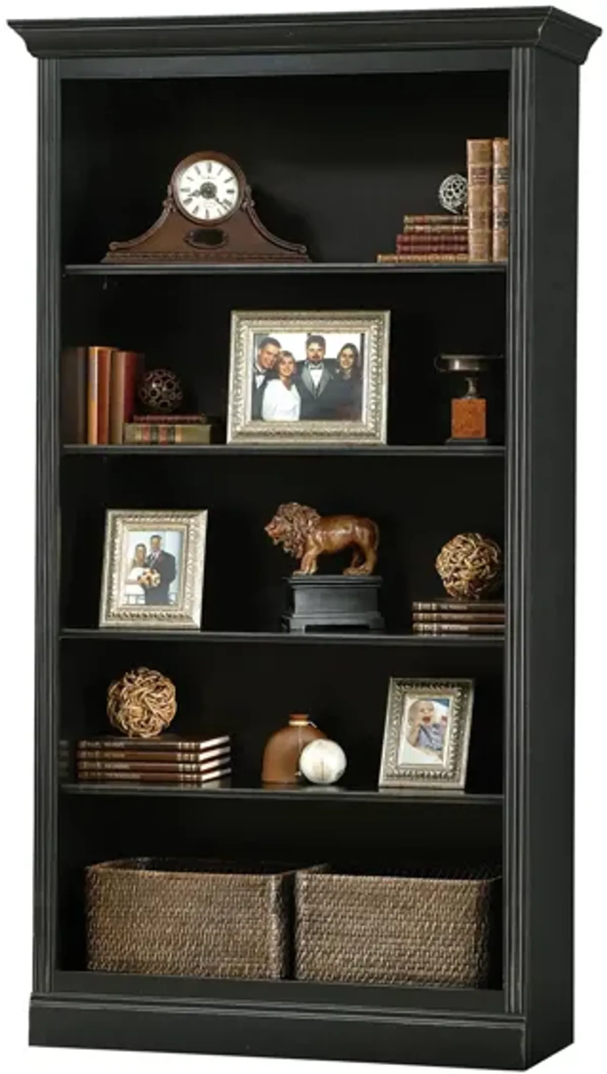 Oxford Center Bookcase in Antique Black by Howard Miller Clock