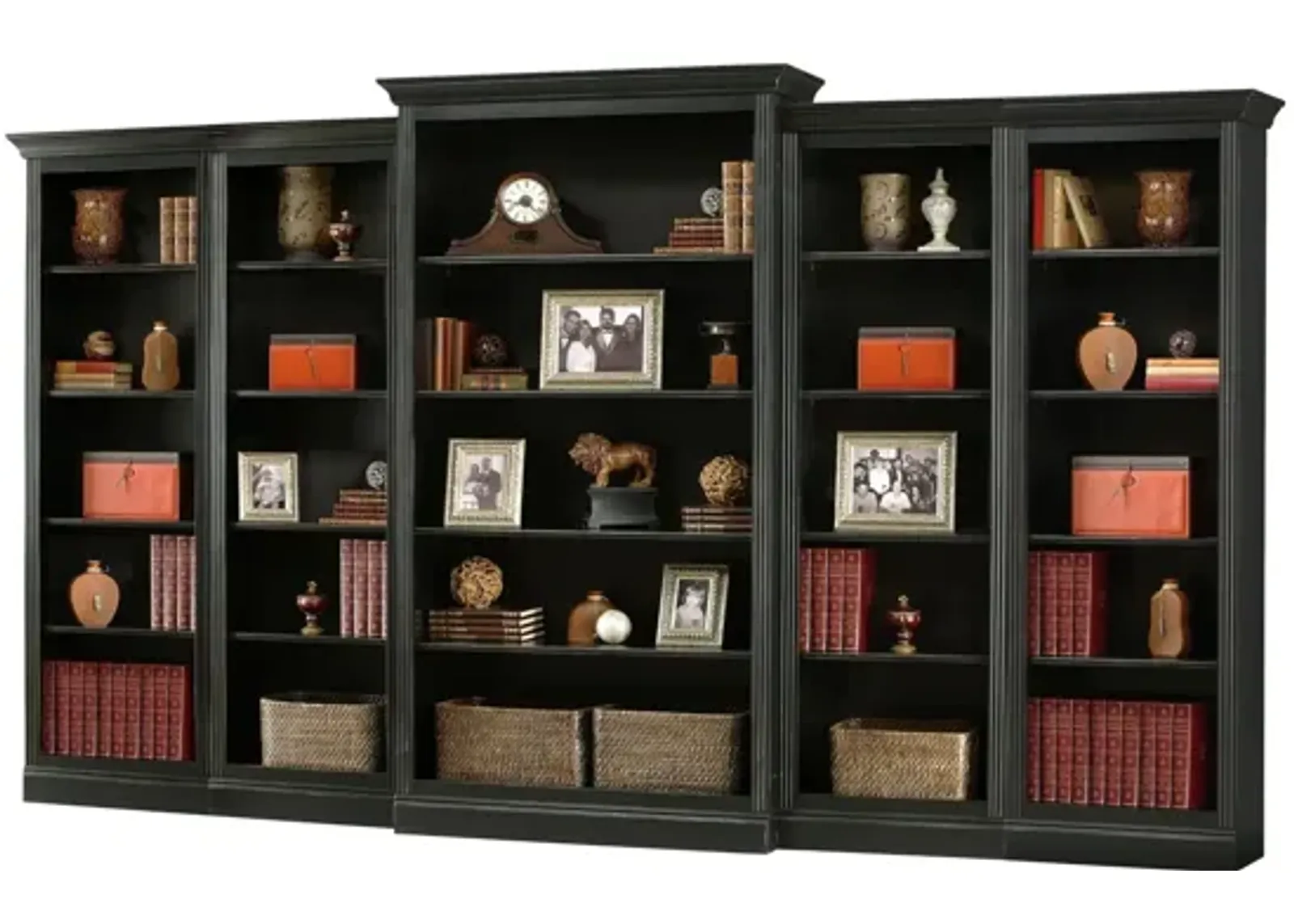 Oxford Bookcase Wall in Antique Black by Howard Miller Clock