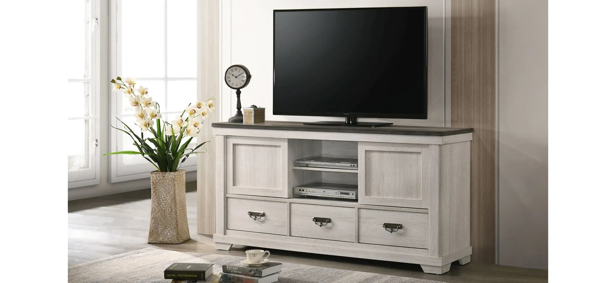 Leighton Entertainment center in Vintage Linen & Rustic Grey by Crown Mark