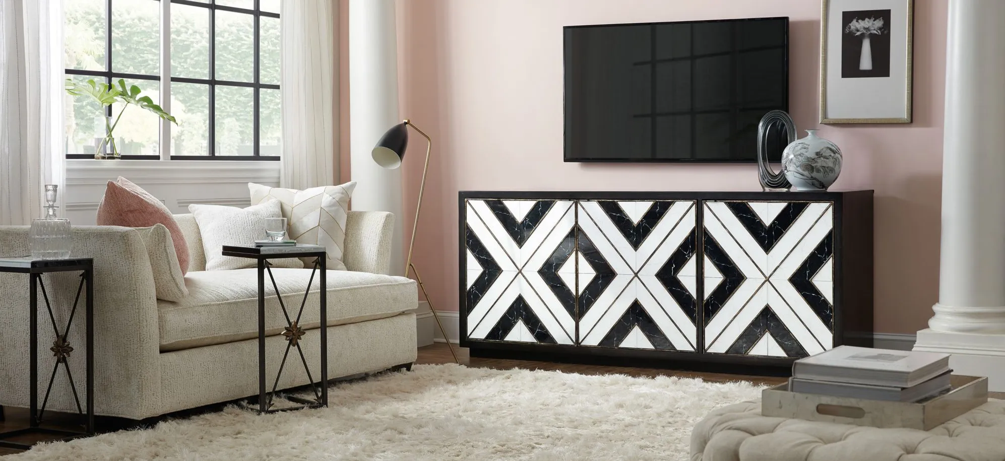 Sanctuary Entertainment Console w/ Outlets in Black by Hooker Furniture