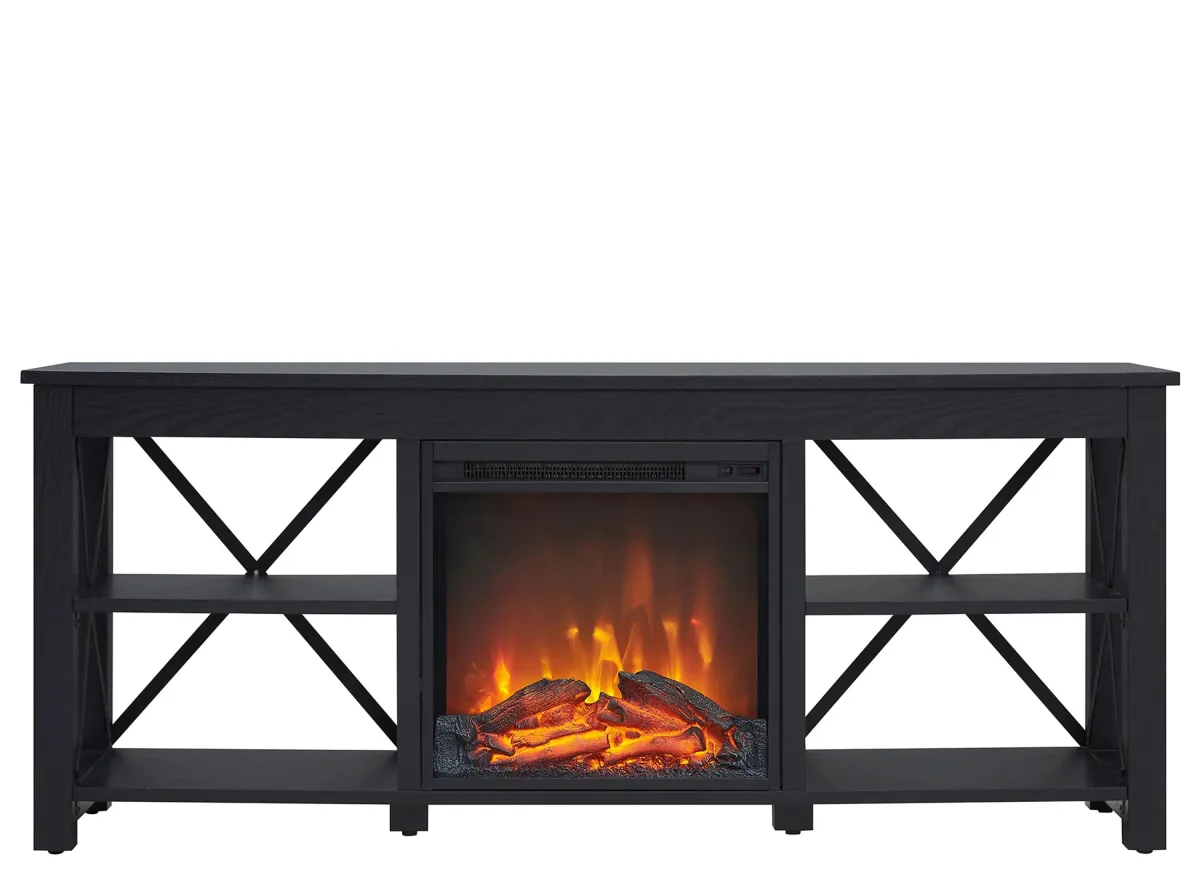 Paisley TV Stand with Log Fireplace in Black by Hudson & Canal