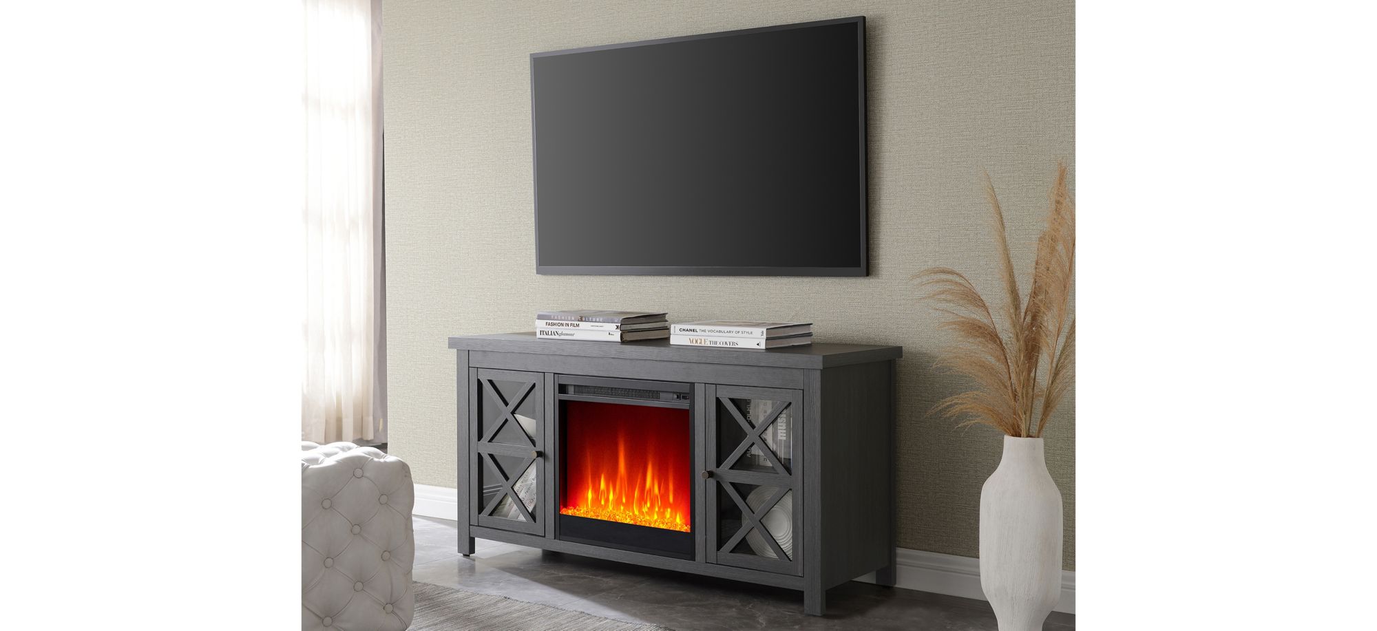 Eve TV Stand with Crystal Fireplace in Charcoal Gray by Hudson & Canal