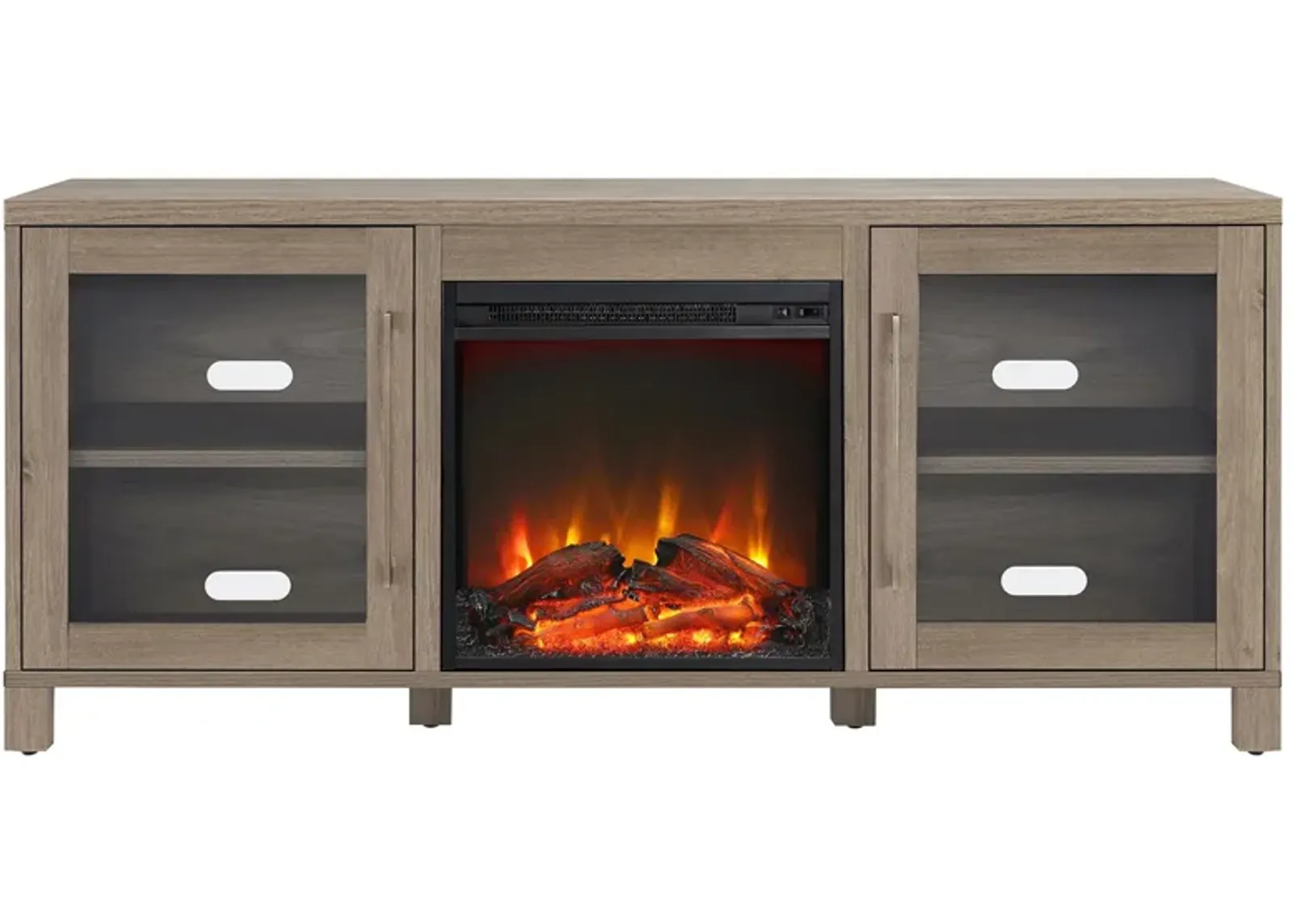 Ursula TV Stand with Log Fireplace in Antiqued Gray Oak by Hudson & Canal