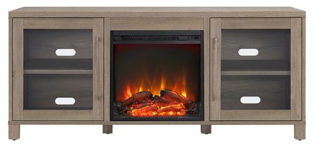 Ursula TV Stand with Log Fireplace in Antiqued Gray Oak by Hudson & Canal