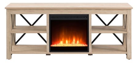 Paisley TV Stand with Crystal Fireplace in White Oak by Hudson & Canal
