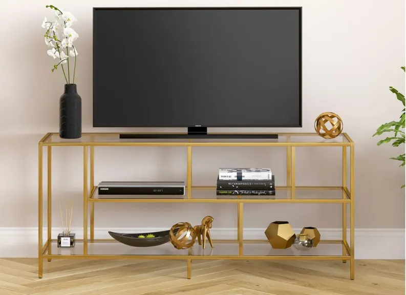 Zinnia TV Stand with Glass Shelves in Brass by Hudson & Canal