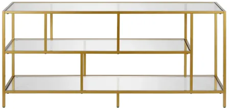 Zinnia TV Stand with Glass Shelves in Brass by Hudson & Canal