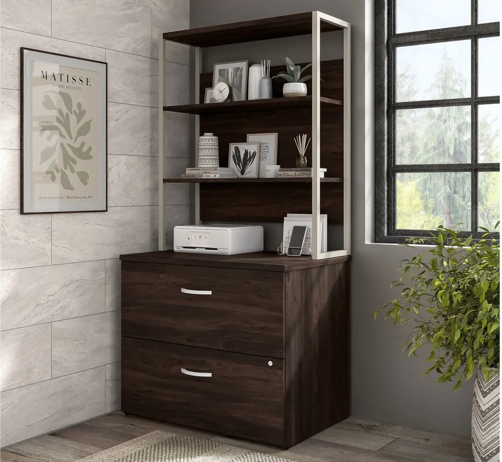 Steinbeck 2 Drawer File Cabinet w/ Hutch in Black Walnut by Bush Industries