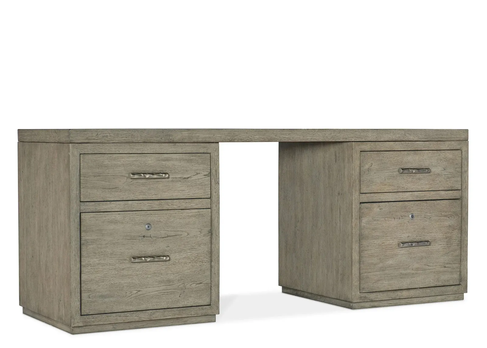 Linville Falls 72" Desk w/ Two Files in Mink: A soft smoked gray finish. Textured metal bar pulls in an antique pewter finish. by Hooker Furniture