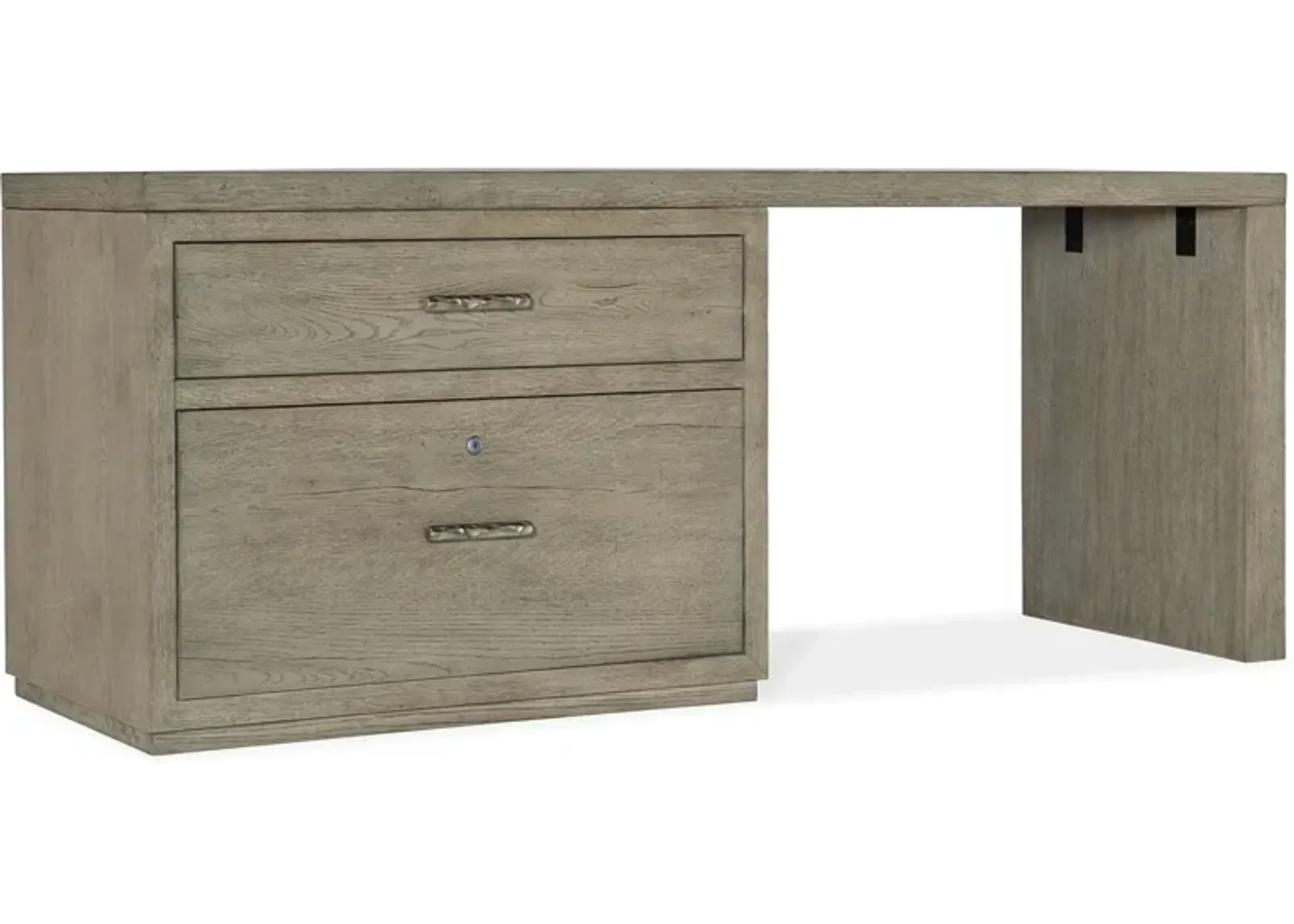 Linville Falls 72" Desk w/ Lateral File in Mink: A soft smoked gray finish. Textured metal bar pulls in an antique pewter finish. by Hooker Furniture