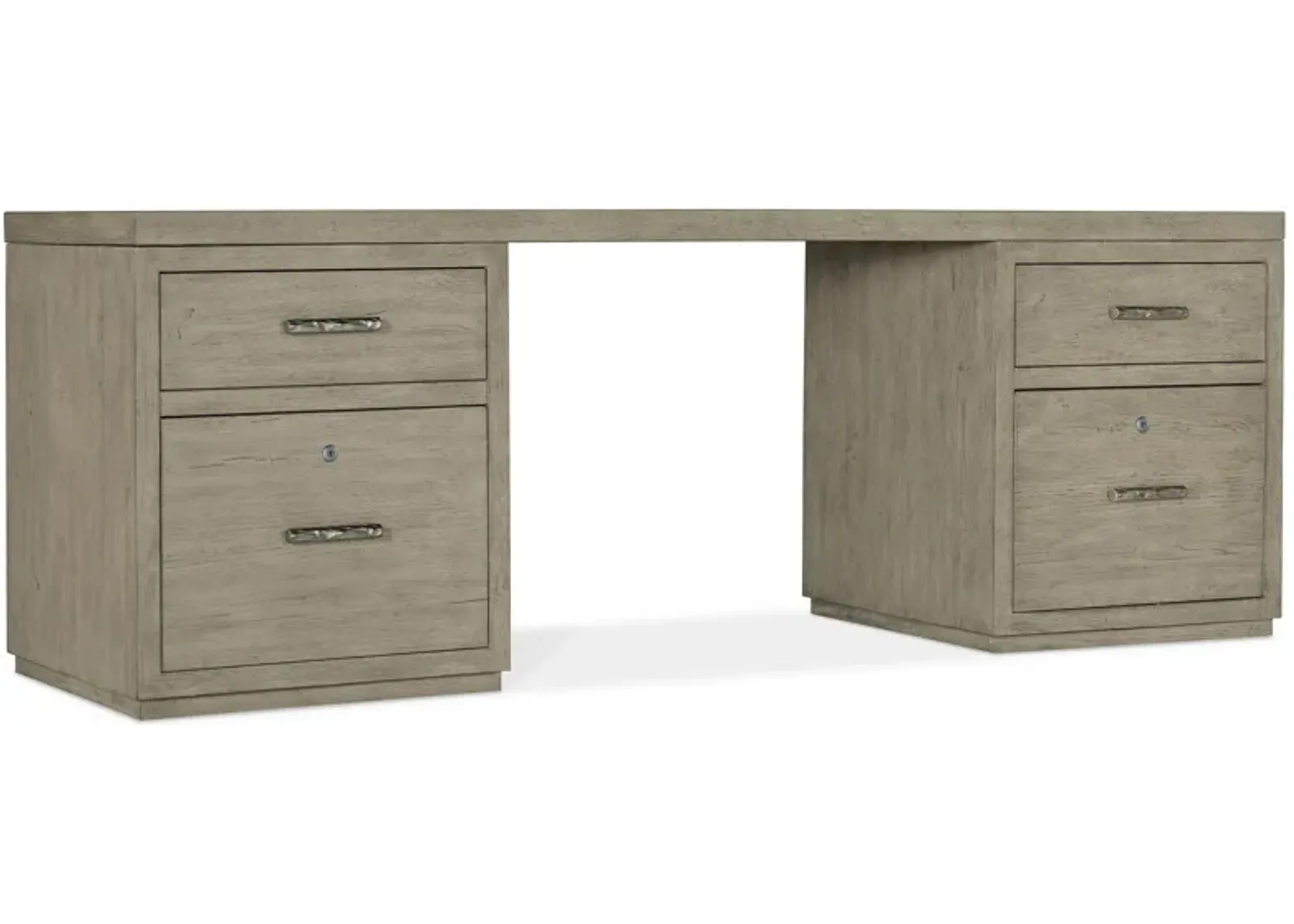 Linville Falls 84" Desk w/ Two Files in Mink: A soft smoked gray finish. Textured metal bar pulls in an antique pewter finish. by Hooker Furniture