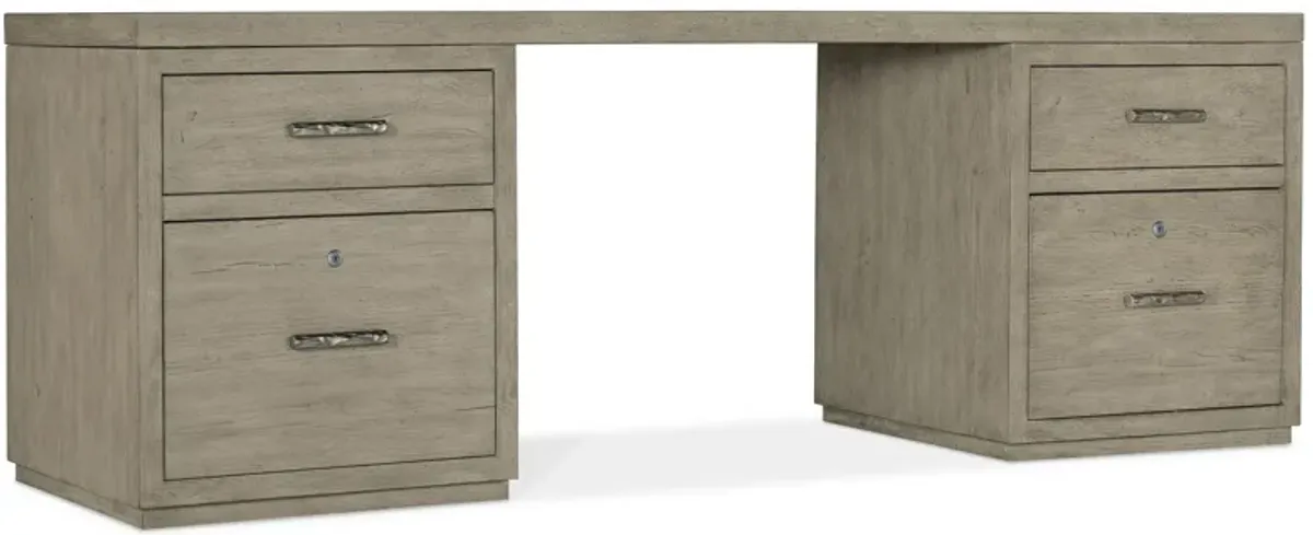 Linville Falls 84" Desk w/ Two Files in Mink: A soft smoked gray finish. Textured metal bar pulls in an antique pewter finish. by Hooker Furniture