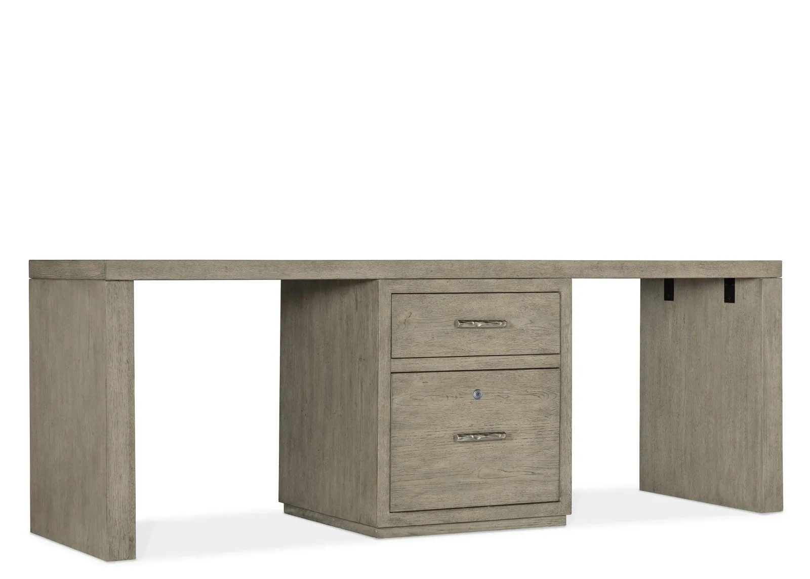 Linville Falls 84" Desk w/ Center File in Mink: A soft smoked gray finish. Textured metal bar pulls in an antique pewter finish. by Hooker Furniture