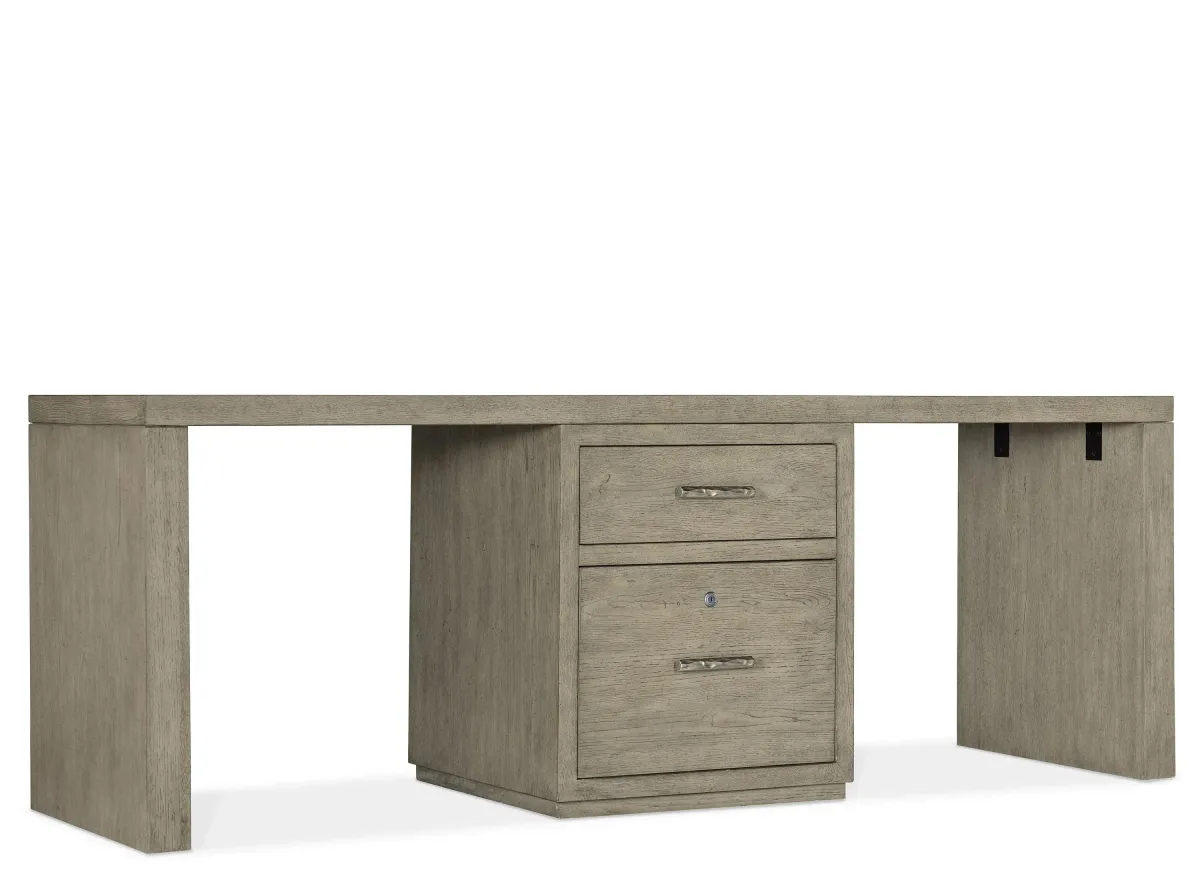 Linville Falls 84" Desk w/ Center File in Mink: A soft smoked gray finish. Textured metal bar pulls in an antique pewter finish. by Hooker Furniture