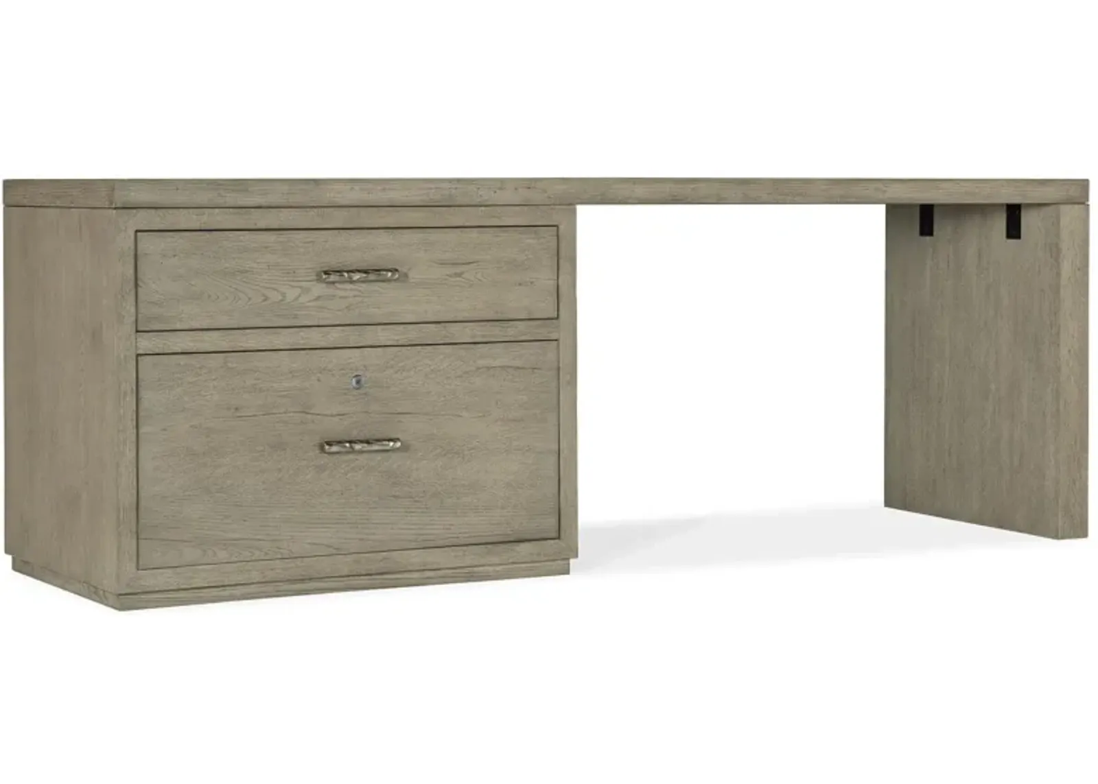 Linville Falls 84" Desk w/ Lateral File in Mink: A soft smoked gray finish. Textured metal bar pulls in an antique pewter finish. by Hooker Furniture