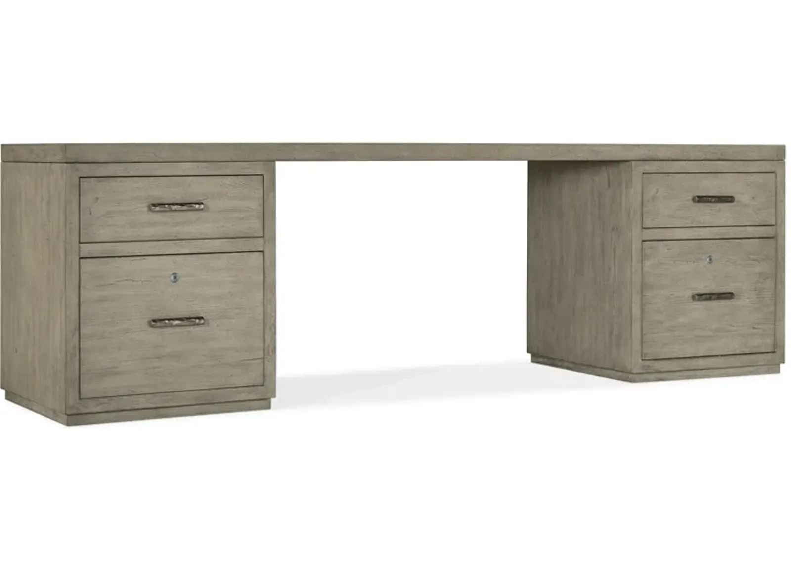 Linville Falls 96" Desk w/ Two Files in Mink: A soft smoked gray finish. Textured metal bar pulls in an antique pewter finish. by Hooker Furniture