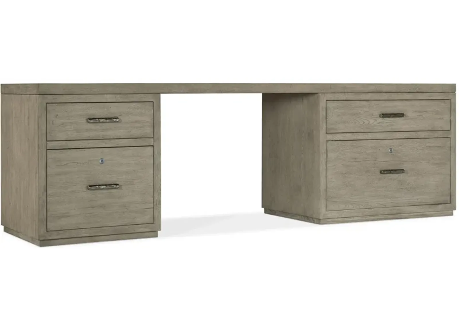 Linville Falls 96" Desk w/ Small File and Lateral File in Mink: A soft smoked gray finish. Textured metal bar pulls in an antique pewter finish. by Hooker Furniture