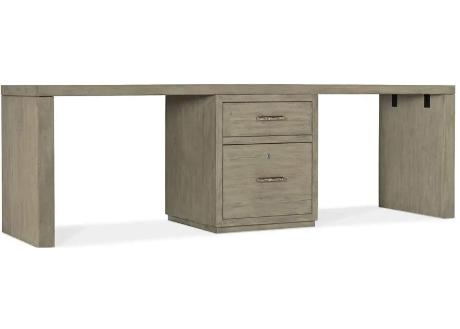 Linville Falls 96" Desk w/ Center File in Mink: A soft smoked gray finish. Textured metal bar pulls in an antique pewter finish. by Hooker Furniture