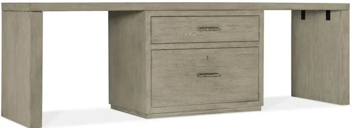 Linville Falls 96" Desk w/ Center Lateral File in Mink: A soft smoked gray finish. Textured metal bar pulls in an antique pewter finish. by Hooker Furniture