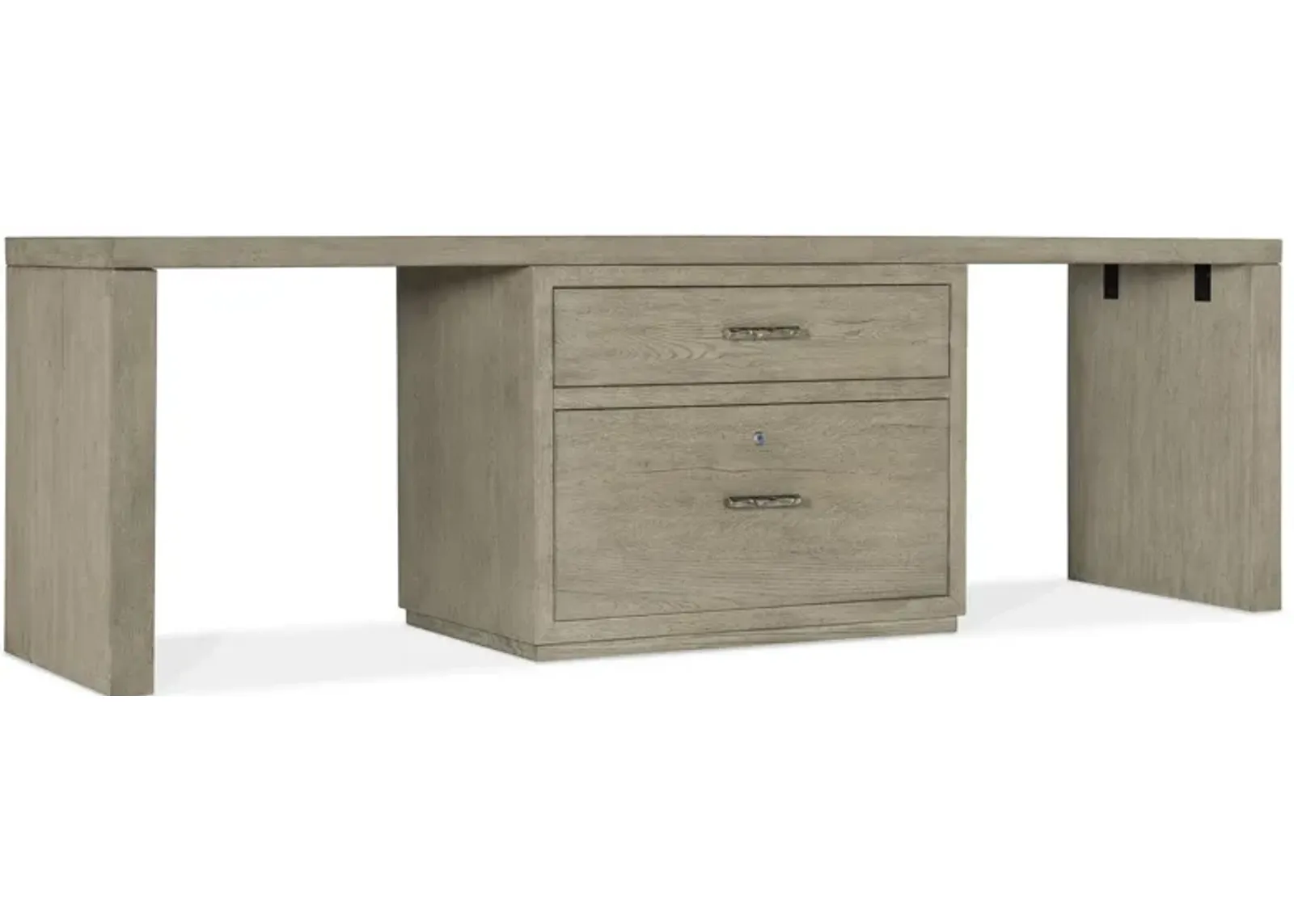 Linville Falls 96" Desk w/ Center Lateral File in Mink: A soft smoked gray finish. Textured metal bar pulls in an antique pewter finish. by Hooker Furniture