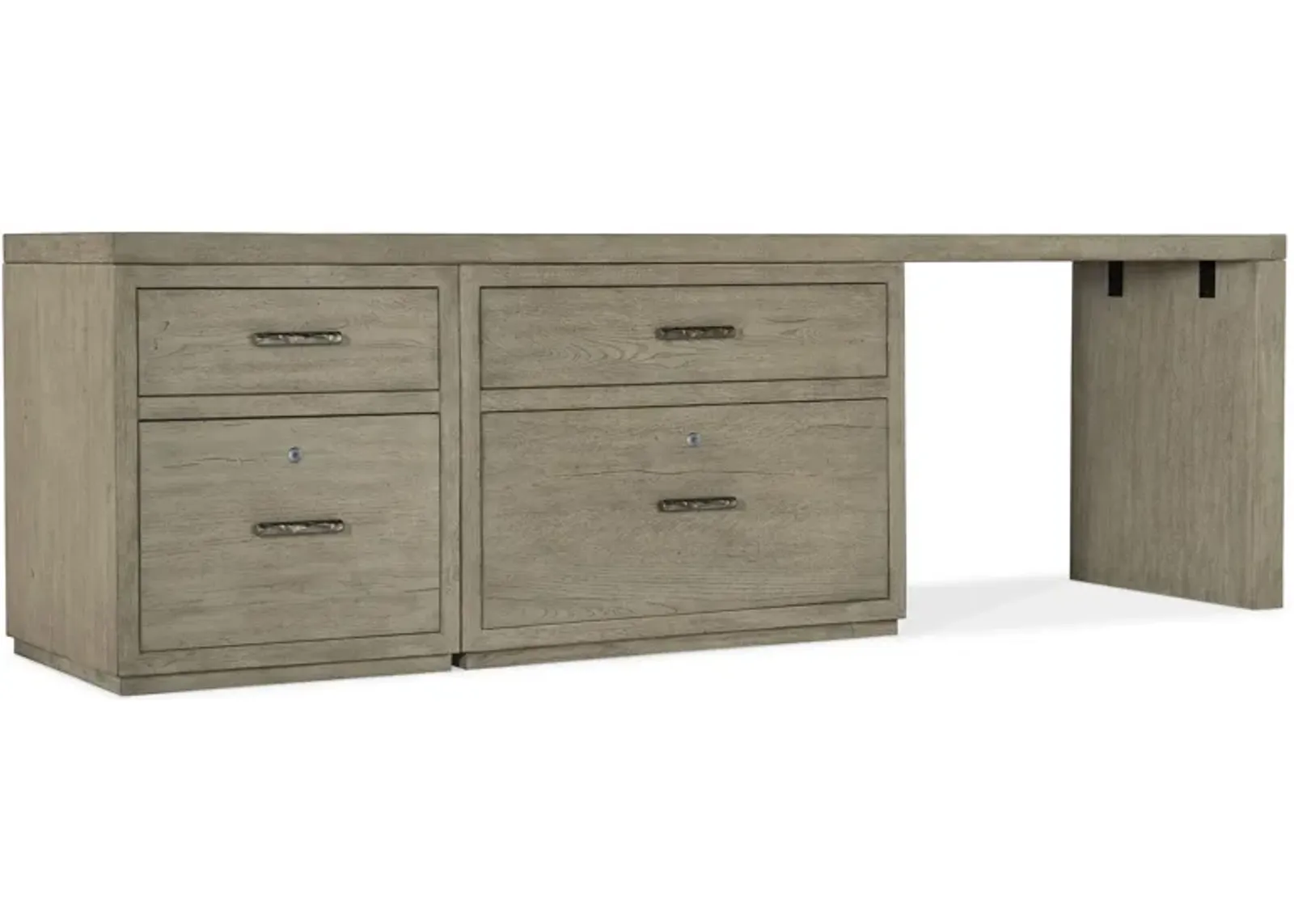 Linville Falls 96" Desk w/ File and Lateral File in Mink: A soft smoked gray finish. Textured metal bar pulls in an antique pewter finish. by Hooker Furniture