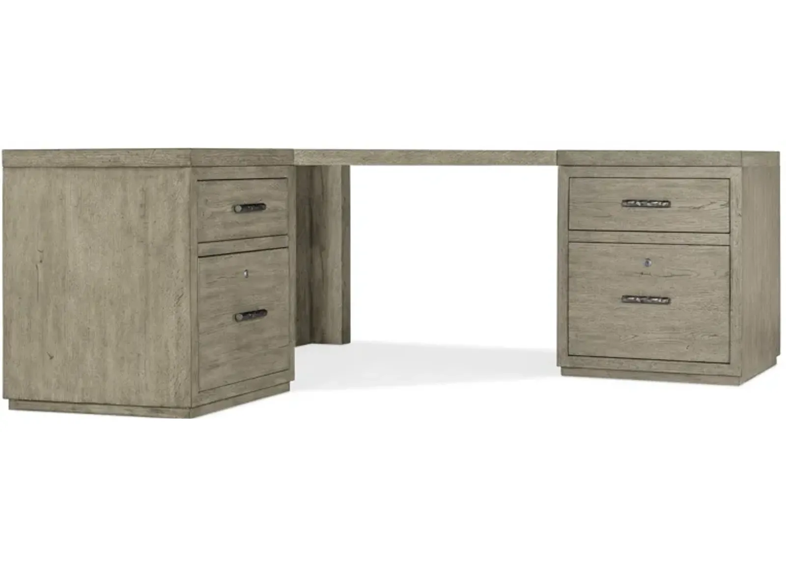 Linville Falls Corner Desk w/ Two Files in Mink: A soft smoked gray finish. Textured metal bar pulls in an antique pewter finish. by Hooker Furniture