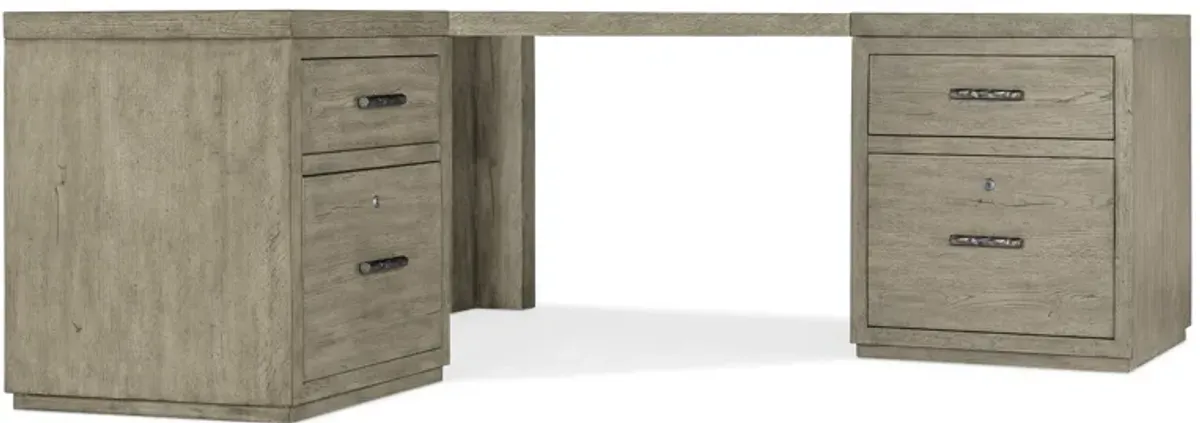 Linville Falls Corner Desk w/ Two Files in Mink: A soft smoked gray finish. Textured metal bar pulls in an antique pewter finish. by Hooker Furniture