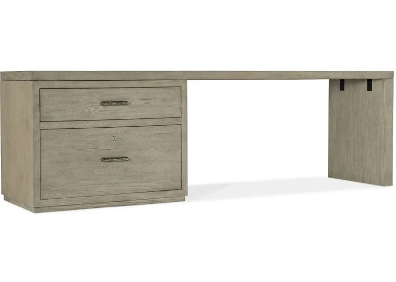 Linville Falls 96" Desk w/ Lateral File in Mink: A soft smoked gray finish. Textured metal bar pulls in an antique pewter finish. by Hooker Furniture